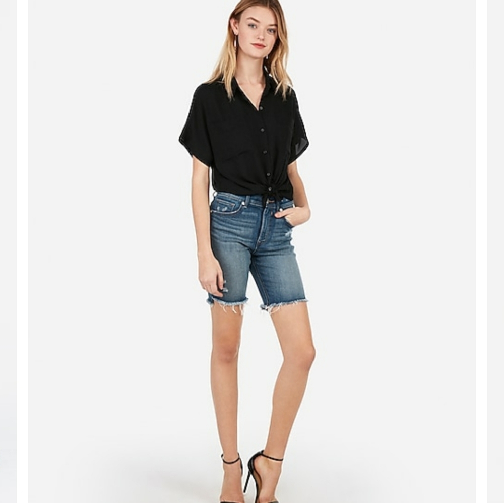 High Waisted Denim Raw Cut Bermuda Jean Sh…